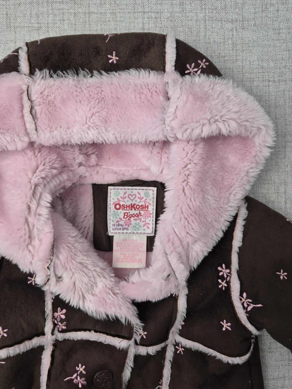 Vintage 90s OshKosh B’gosh Baby Girl Faux Shearling Floral Embroidered Coat 18M